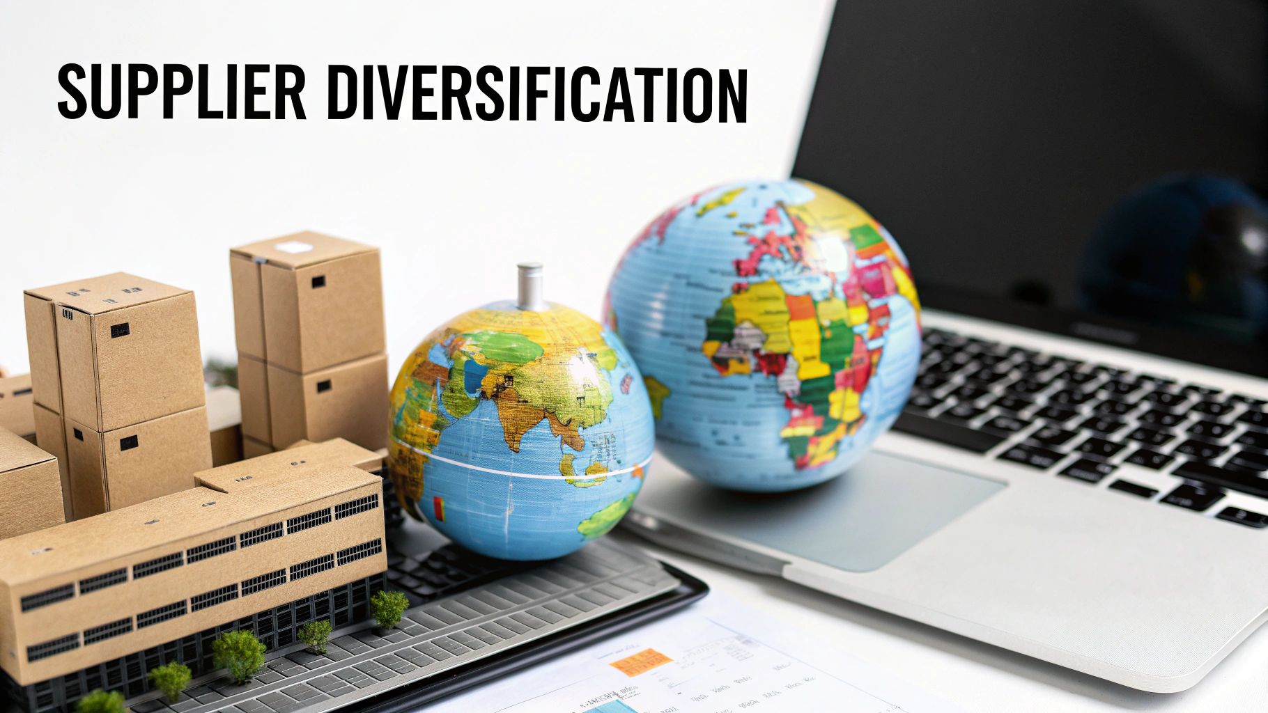Text 'SUPPLIER DIVERSIFICATION' with globes, boxes, and miniature buildings, symbolizing global supply chain strategies.