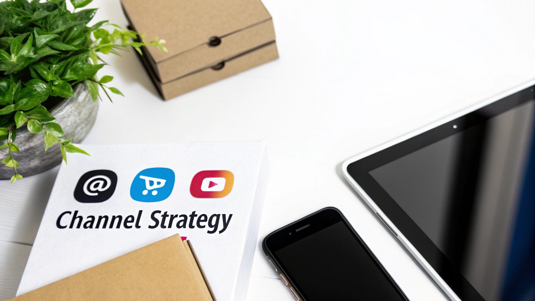 A 'Channel Strategy' book with app icons next to a smartphone, tablet, and plant on a desk.