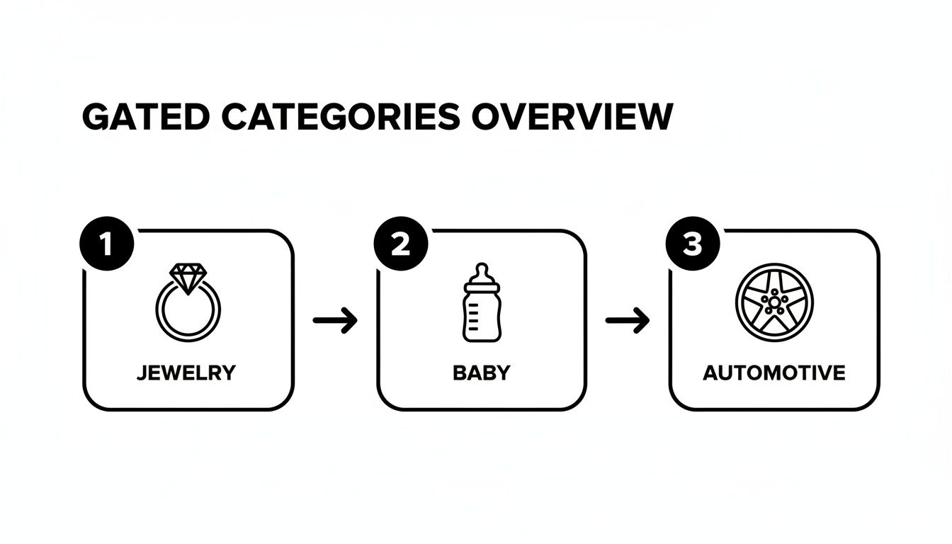 An overview of three gated categories: Jewelry, Baby, and Automotive, displayed with icons and numbers.