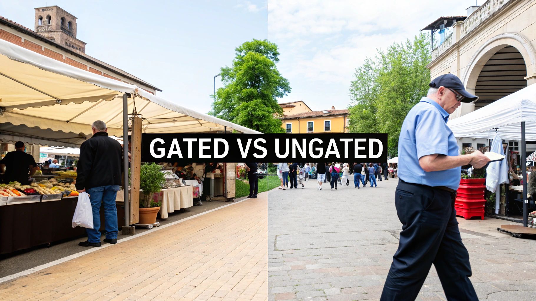 Split image showing a market scene: the left labeled 'GATED' with produce stalls, the right 'UNGATED' with people walking.
