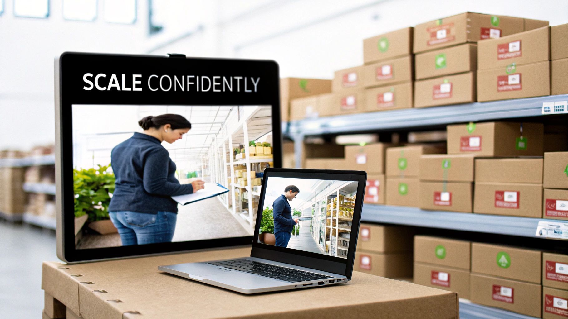 Screens showing people managing inventory in a warehouse with stacked boxes and the text 'SCALE CONFIDENTLY'.