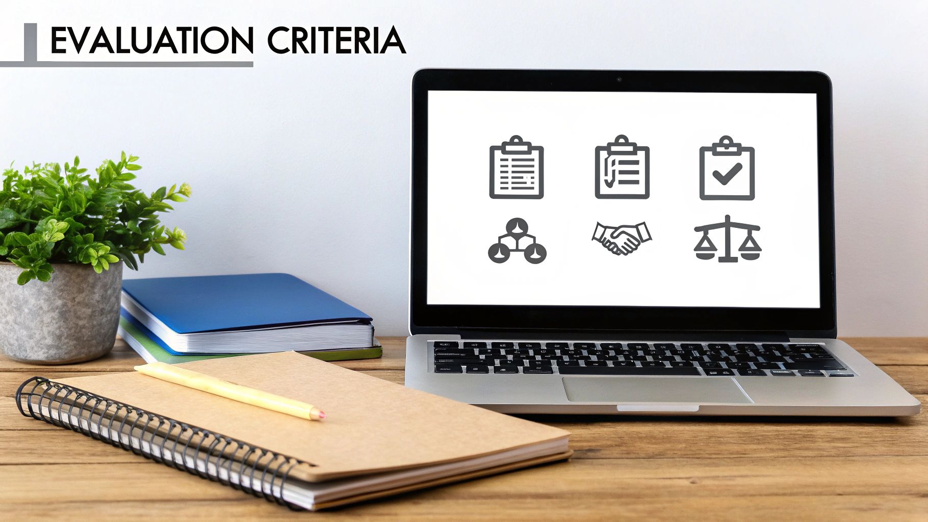 Laptop displaying 'EVALUATION CRITERIA' with various assessment icons, alongside notebooks and a plant.
