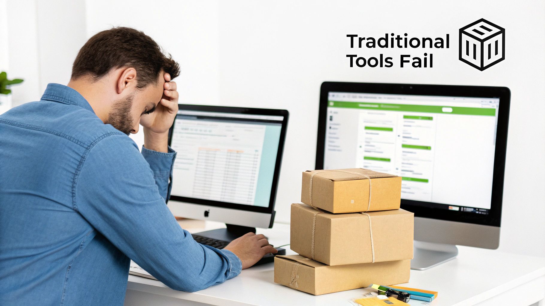 Stressed man struggling with traditional tools at a computer, surrounded by shipping boxes.