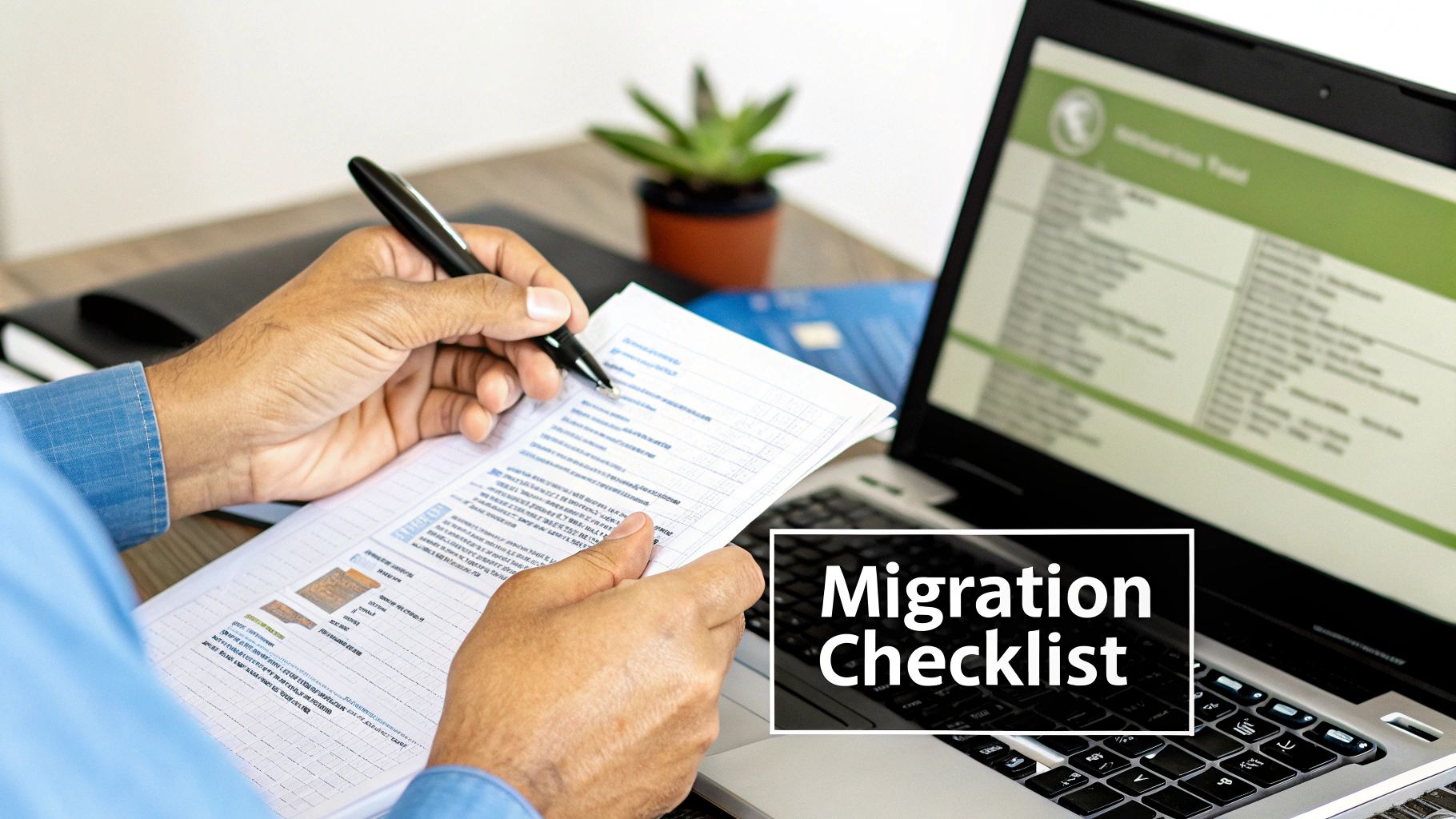 A person reviews a 'Migration Checklist' document with a pen while working at a desk with a laptop.