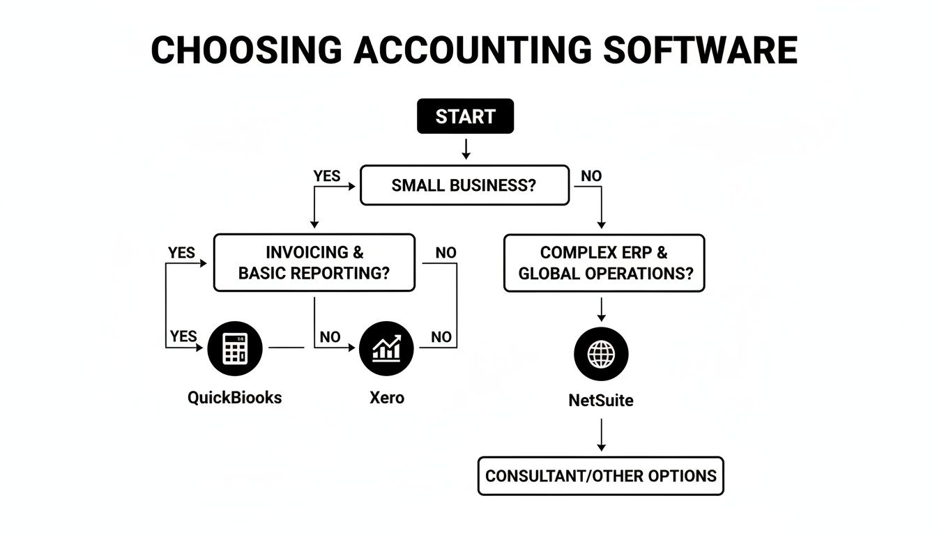Flowchart guiding the selection of accounting software based on business size and operational needs.