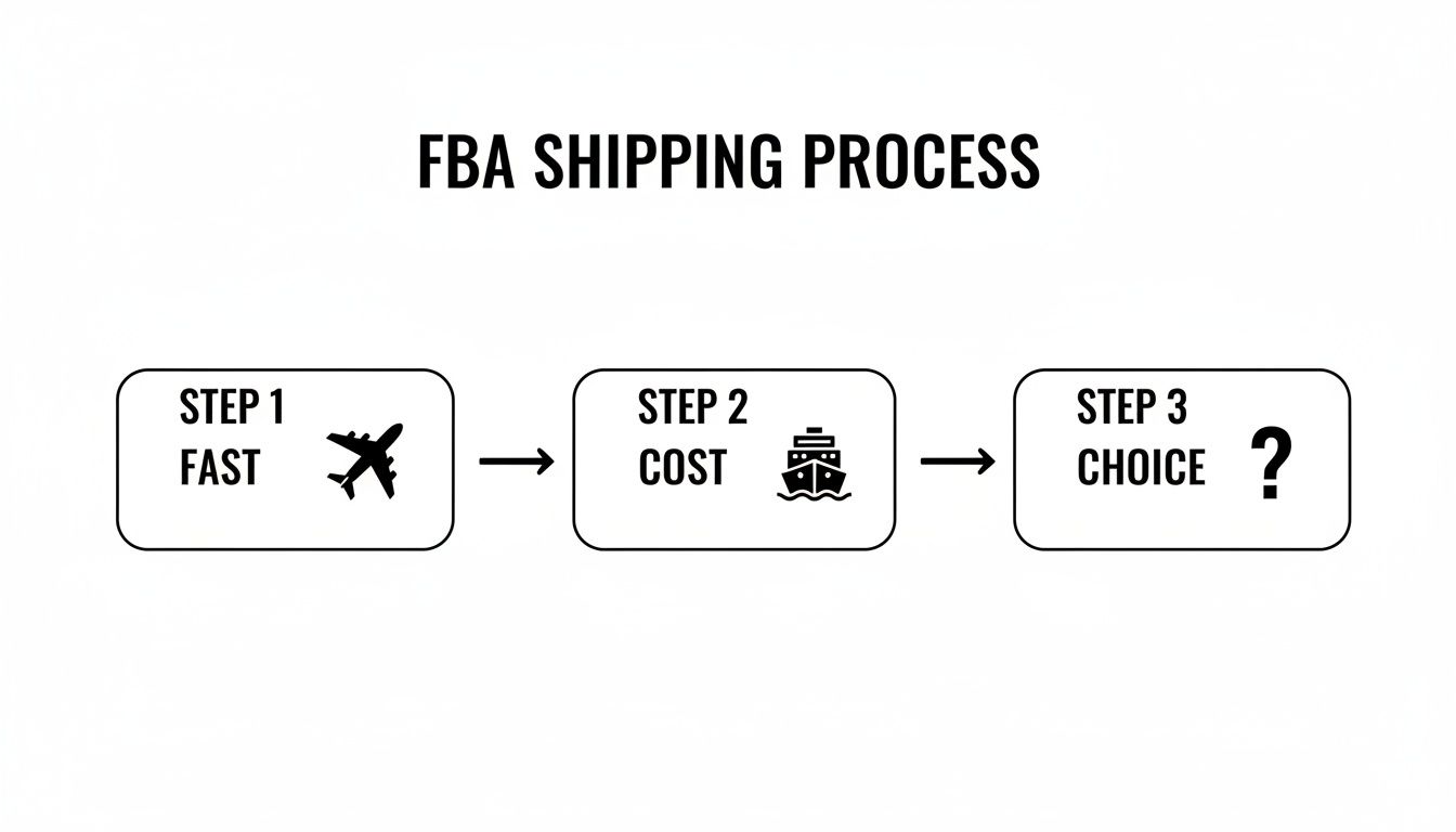 Diagram illustrating the FBA shipping process, comparing fast air freight with cost-effective sea freight, leading to a choice.