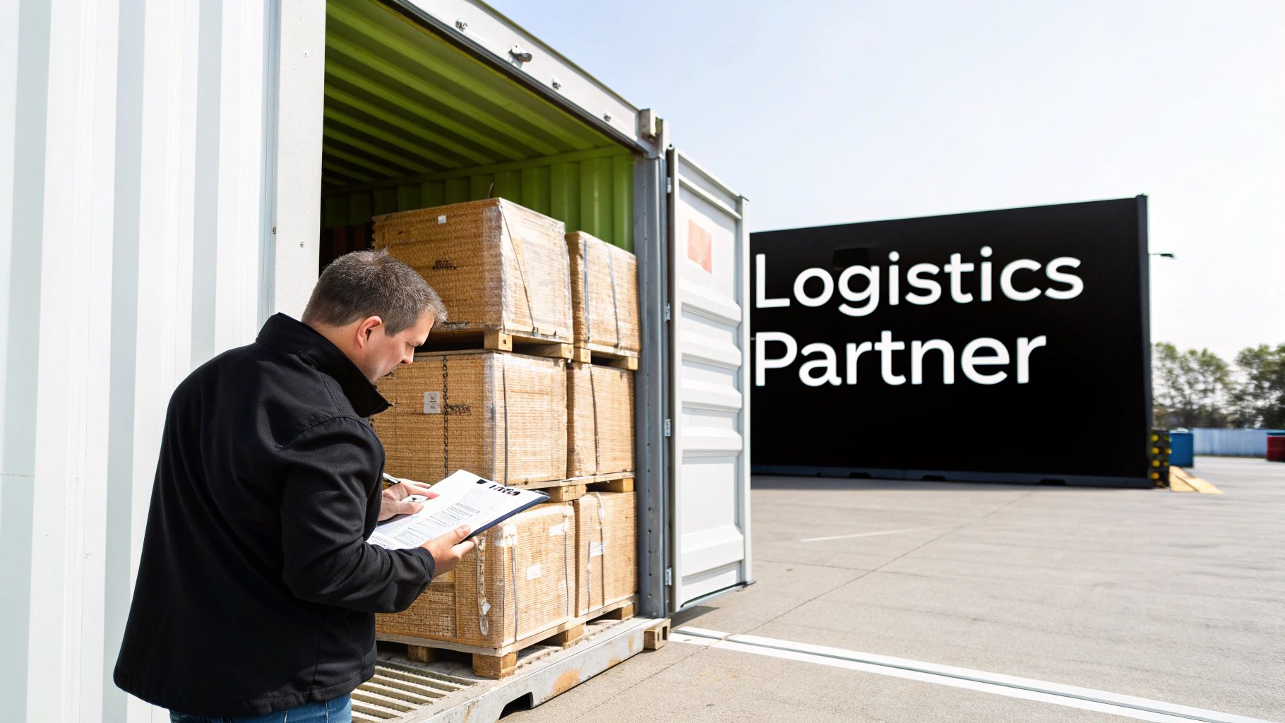 A worker inspects cargo inside an open shipping container with a 'Logistics Partner' sign.