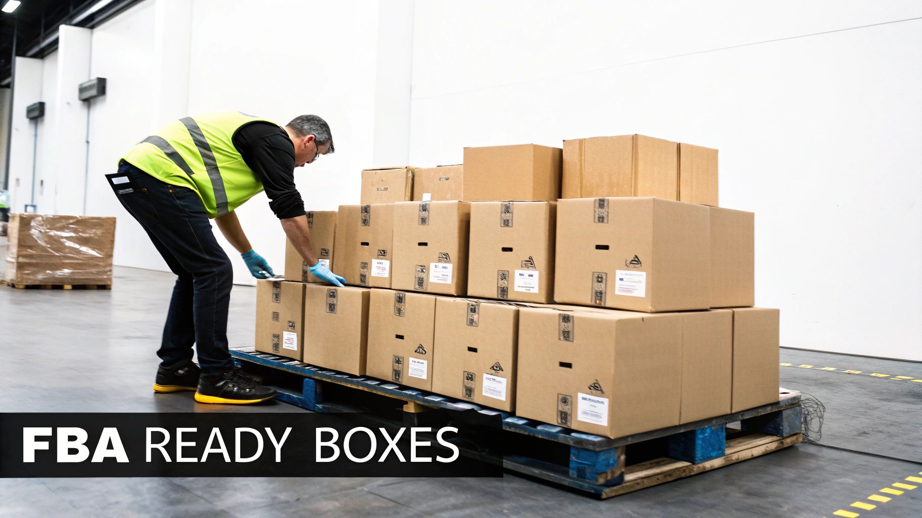 A worker in a warehouse prepares Amazon FBA ready boxes on a pallet.