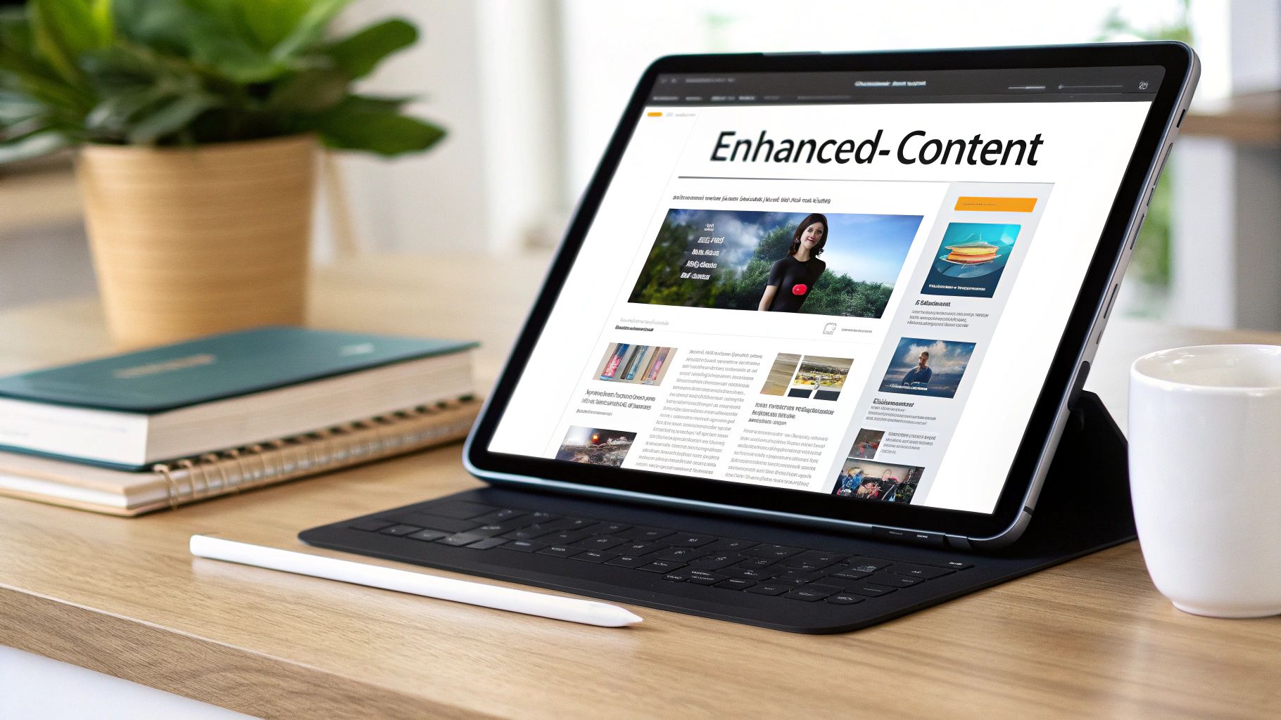 An iPad on a desk with a keyboard case, displaying enhanced content, alongside an Apple Pencil, books, and a plant.