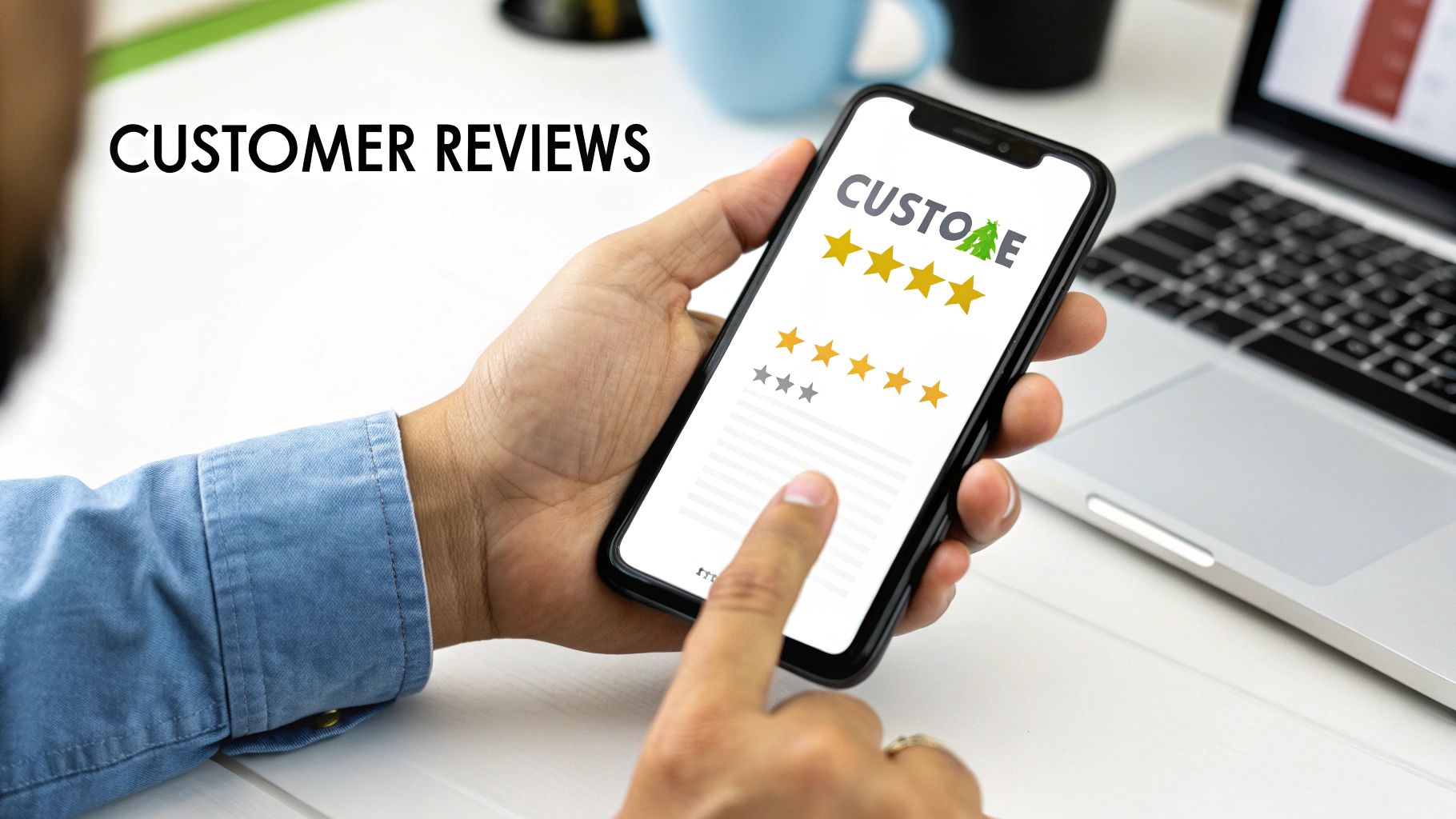 A person holds a smartphone displaying customer reviews with star ratings and a customer logo.