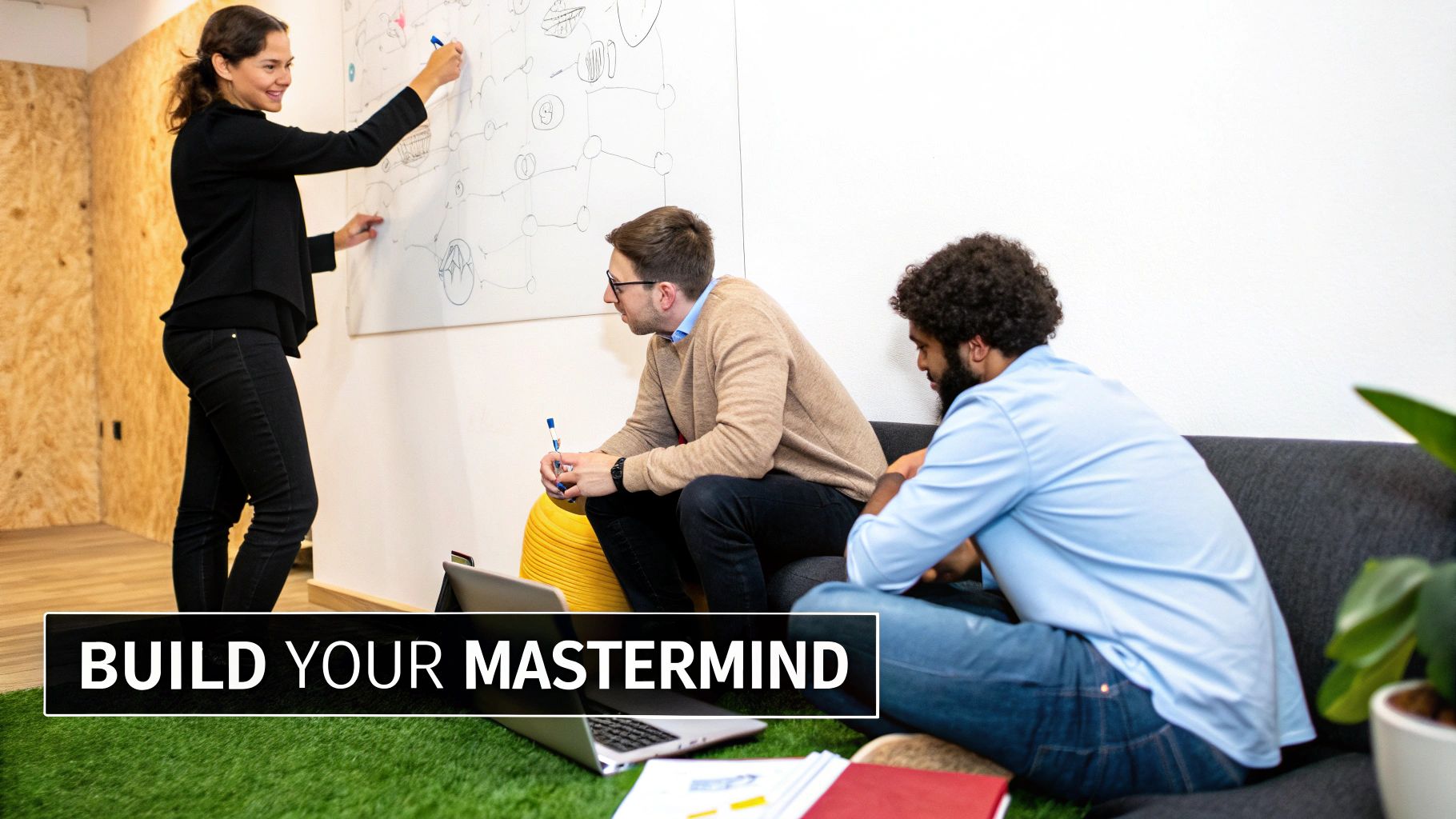 Three professionals brainstorm ideas on a whiteboard during a collaborative mastermind session in an office.