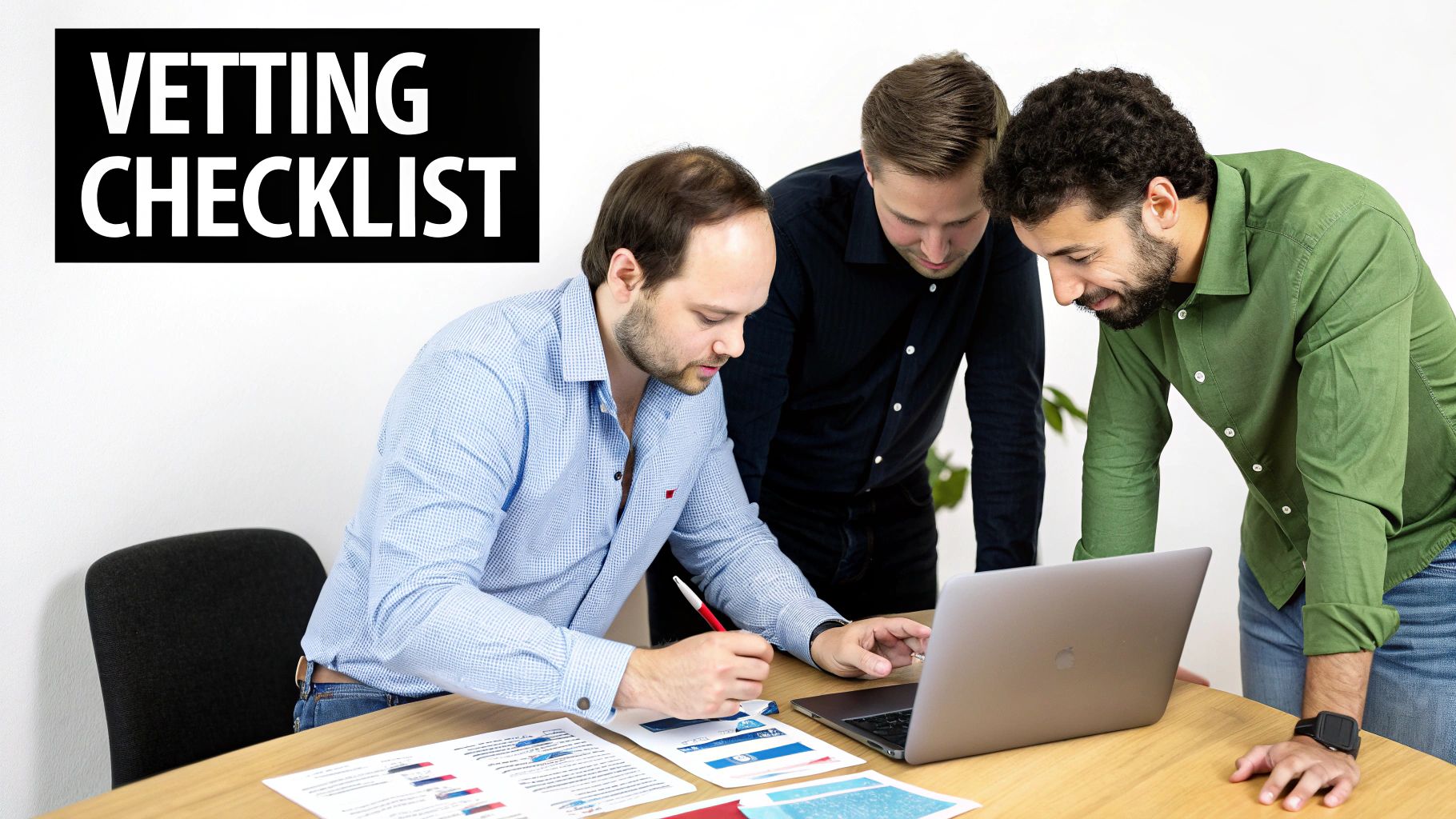 Three men reviewing a "Vetting Checklist" on a laptop and documents during a team meeting.
