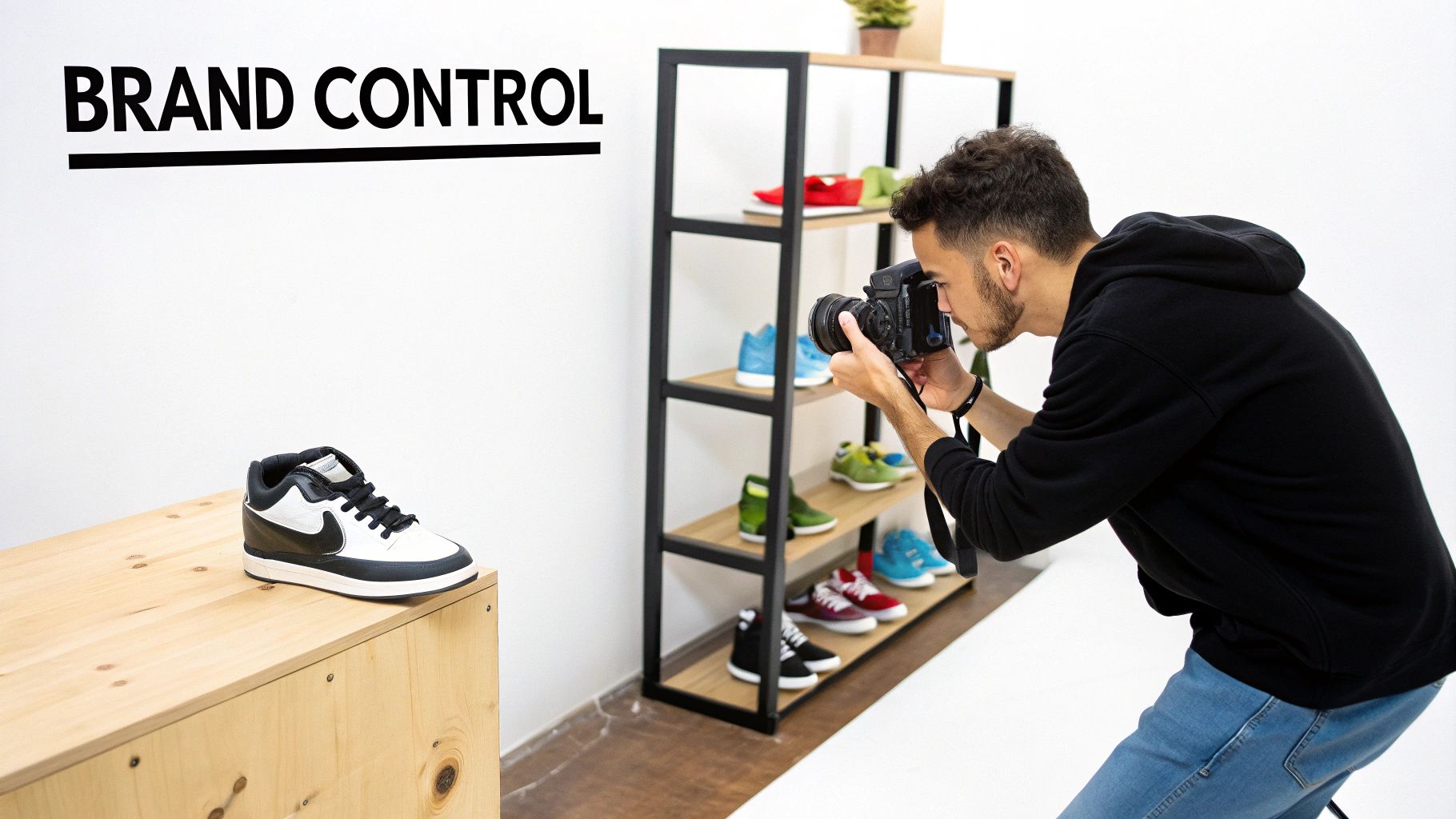 A photographer takes pictures of various sneakers on shelves and a wooden box, with "BRAND CONTROL" on the wall.