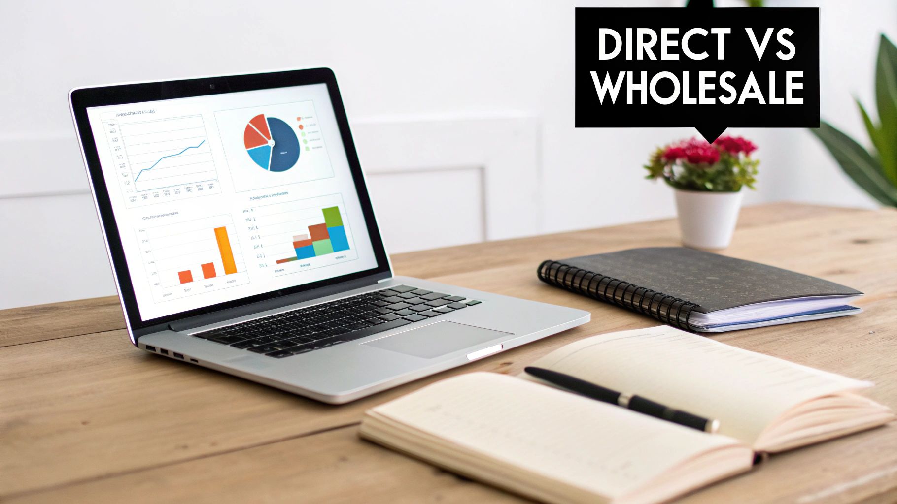 A laptop displaying business analytics graphs, an open notebook, and a pen on a wooden desk with a text overlay 'DIRECT VS WHOLESALE'.