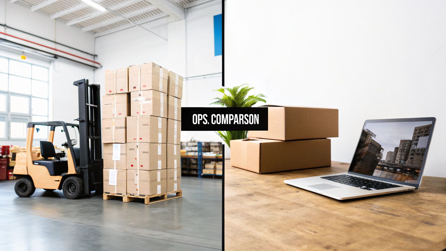 Comparison of warehouse logistics with forklift and boxes versus direct-to-consumer setup with laptop and boxes.