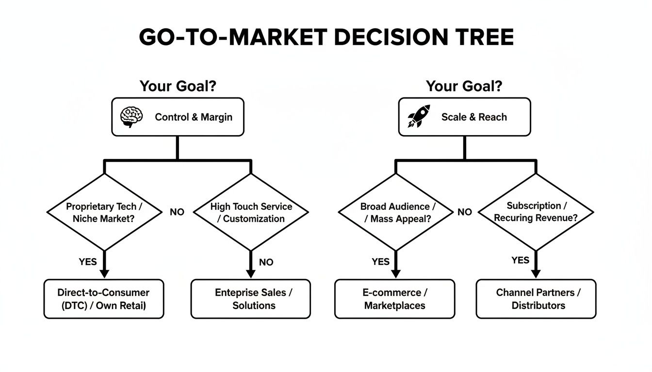 A go-to-market decision tree guiding strategy based on goals like control, margin, scale, and reach.