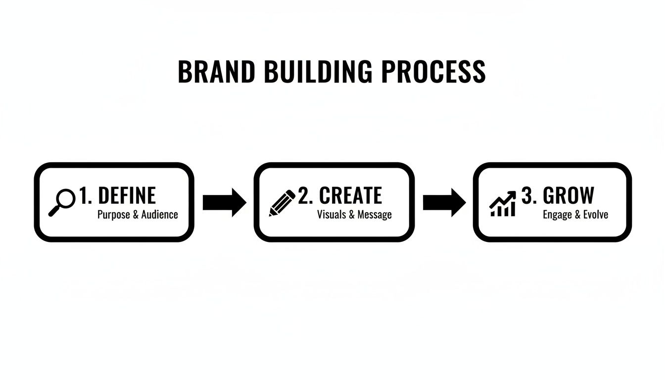 Diagram illustrating the three-step brand building process: Define, Create, and Grow, with supporting details.