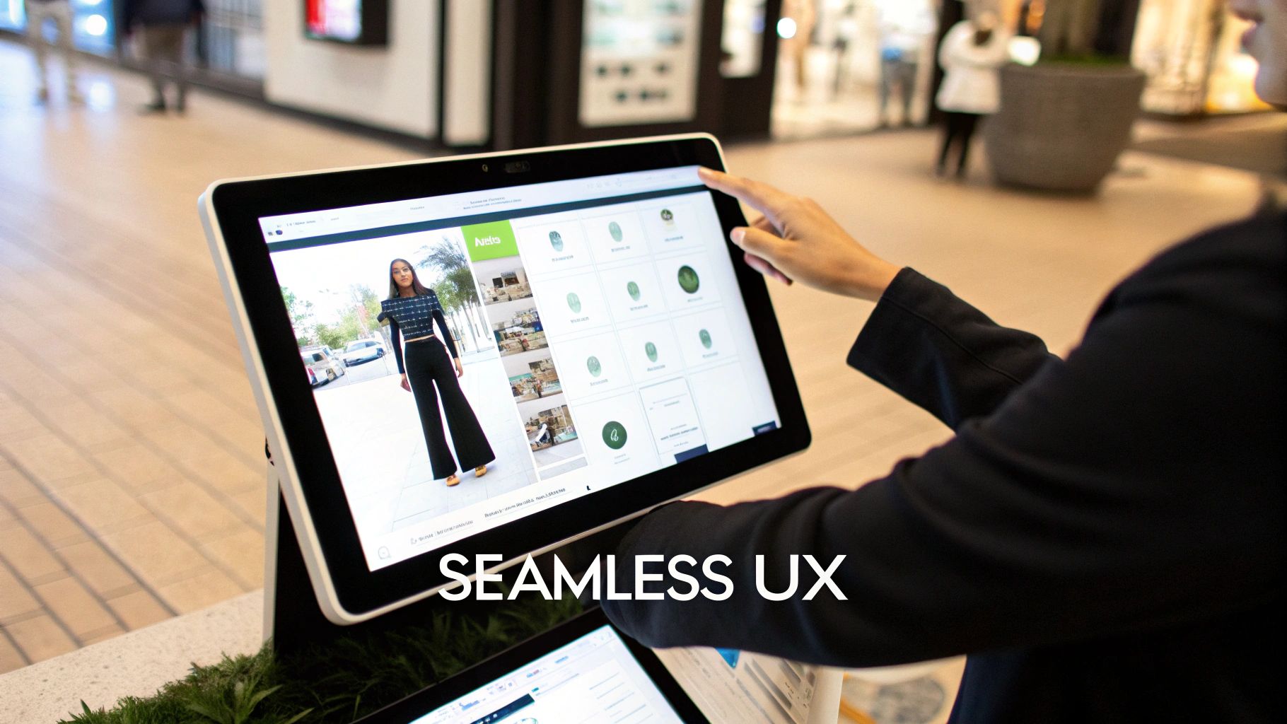 Person interacting with a large digital touchscreen display showing fashion and product options in a retail environment.