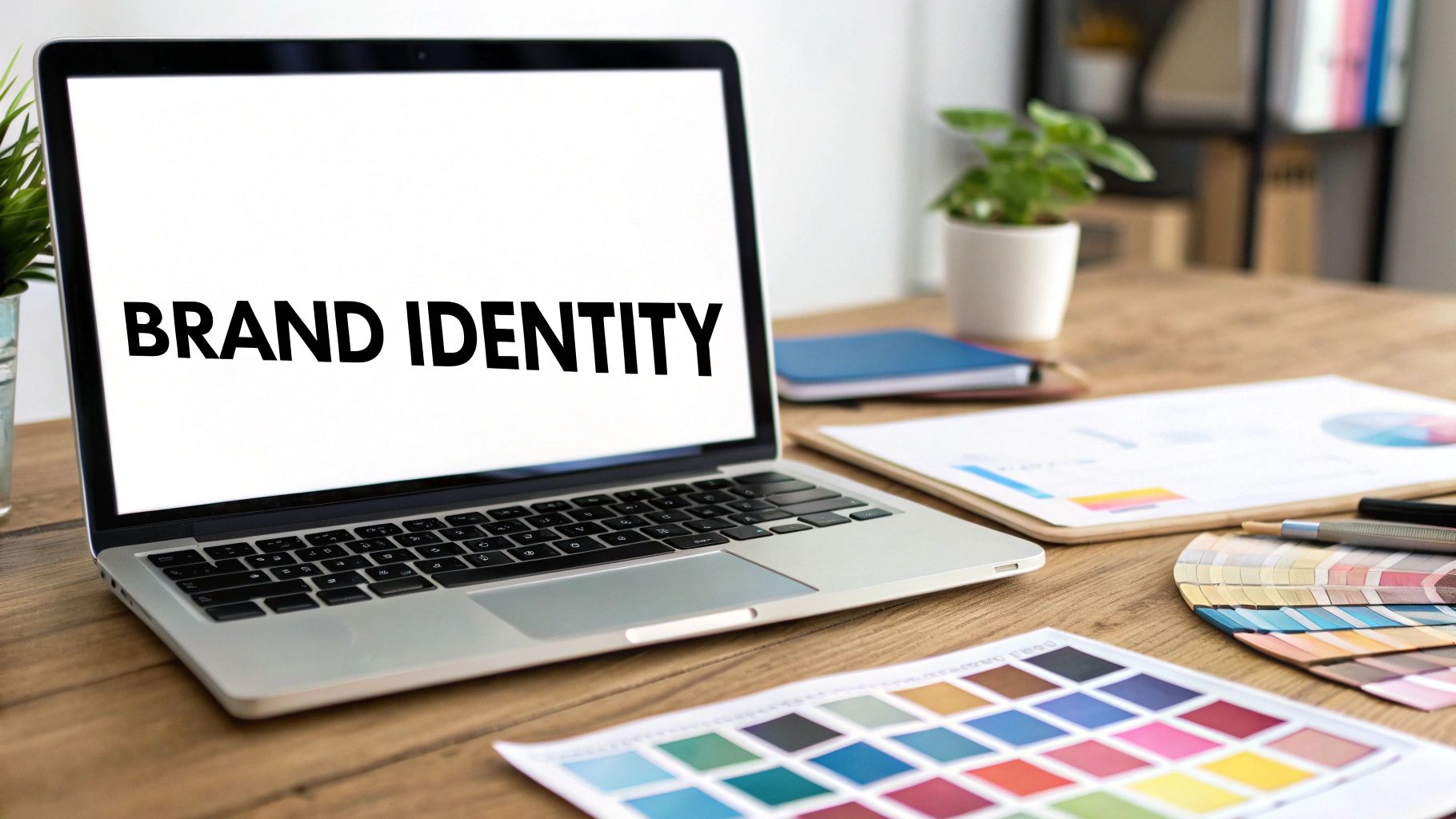 A laptop screen displaying 'BRAND IDENTITY' on a wooden desk with design tools and charts.