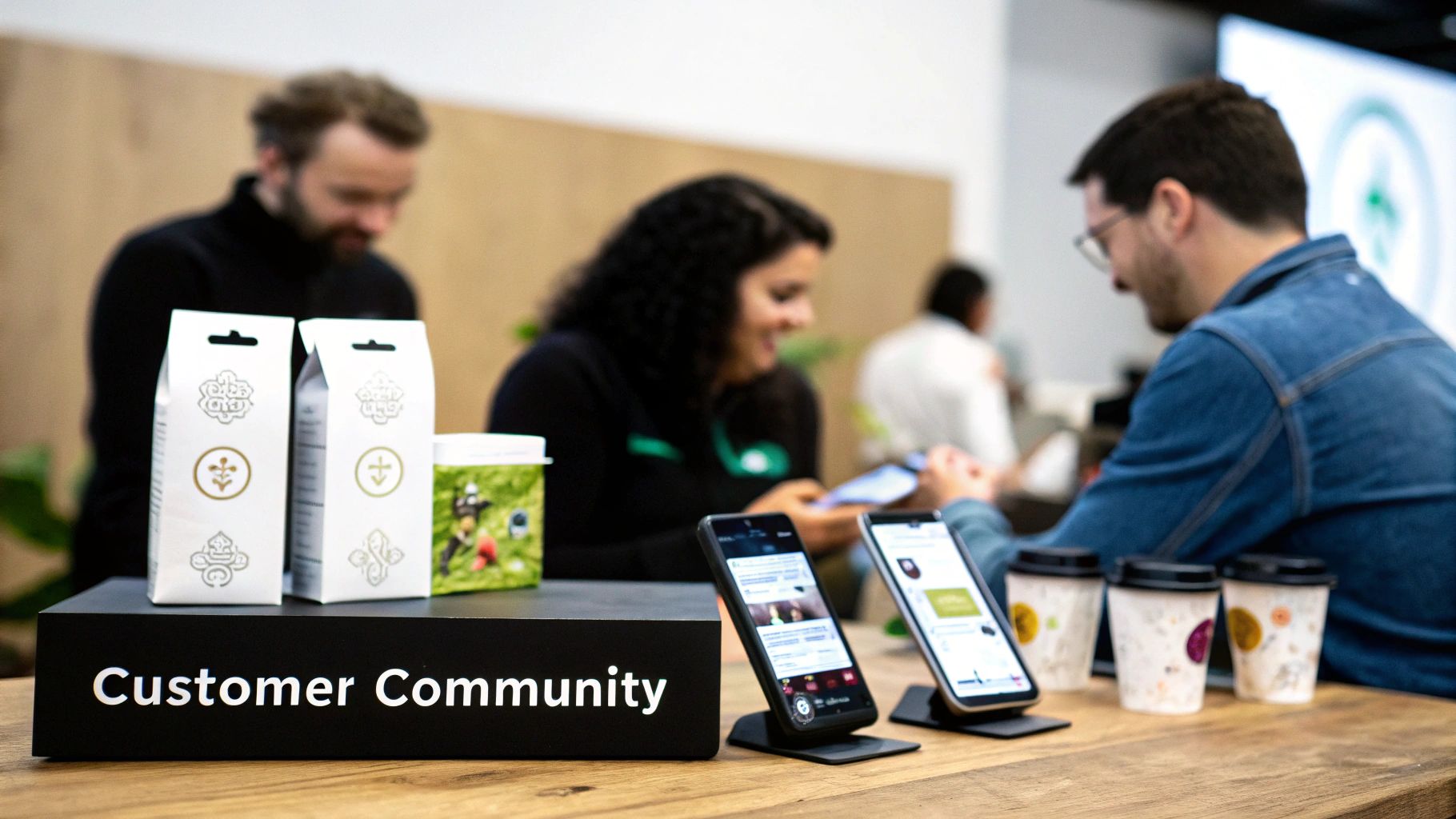 Customers gather around a table with products, phones, and coffee, fostering community engagement.
