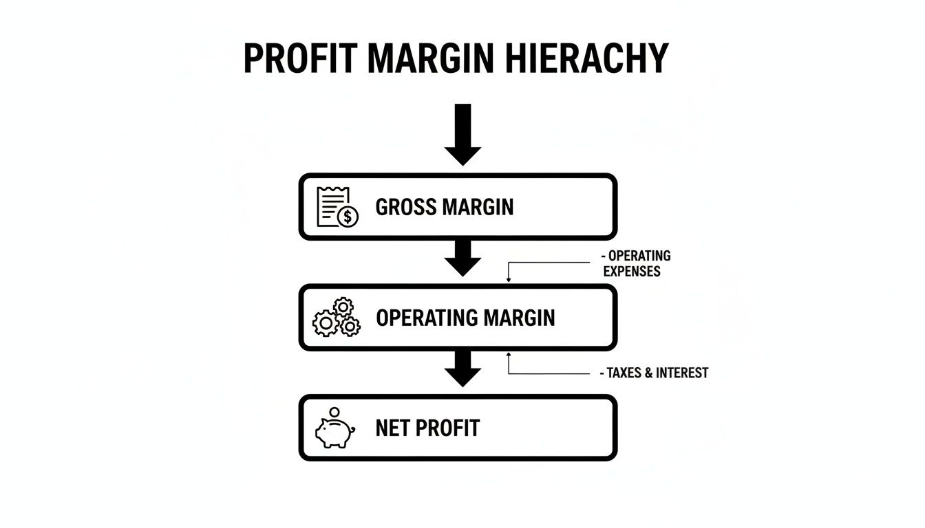 A flowchart showing the profit margin hierarchy from gross margin to operating margin to net profit.
