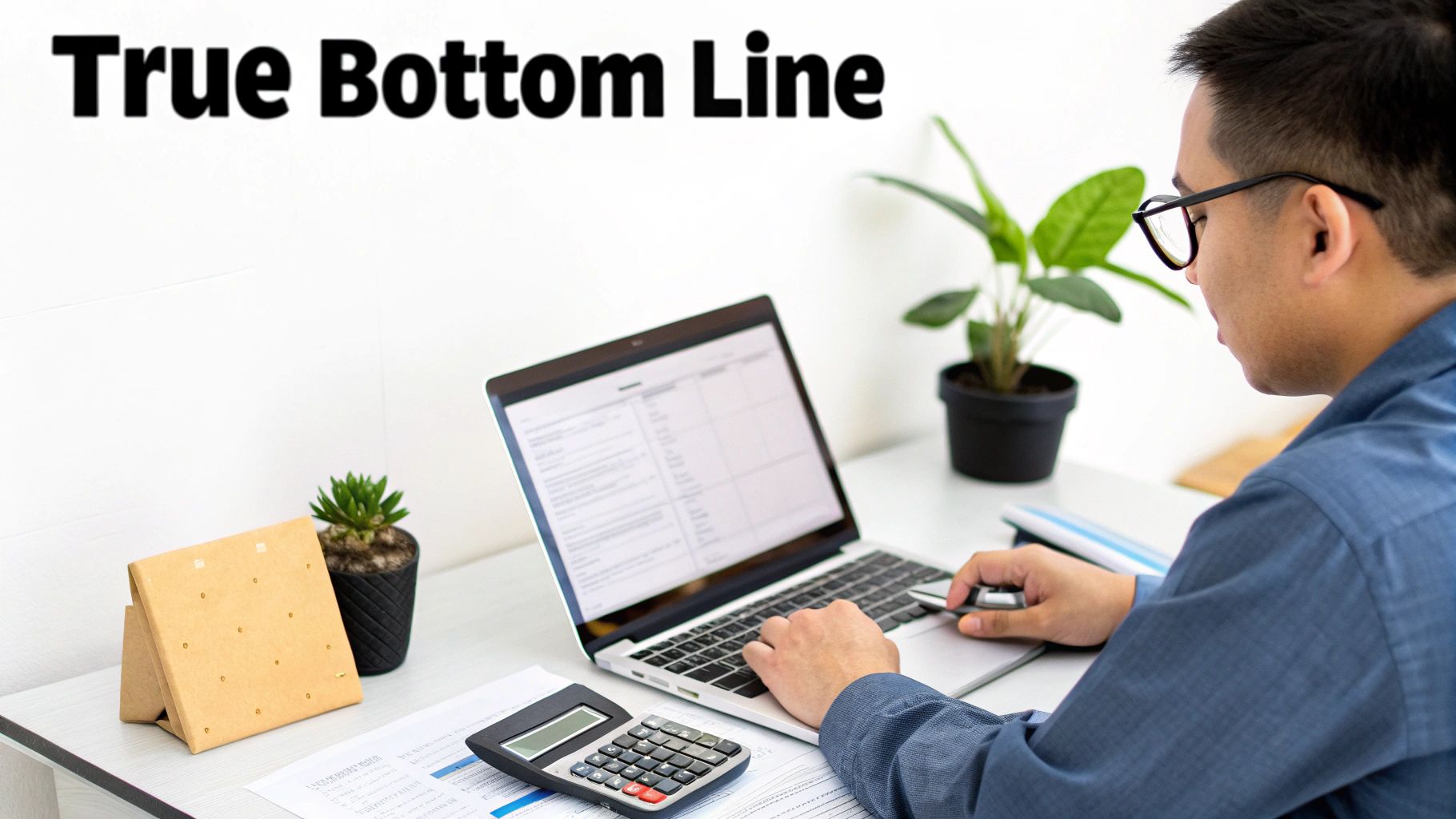 A man in glasses works on a laptop with a calculator and papers on his desk.