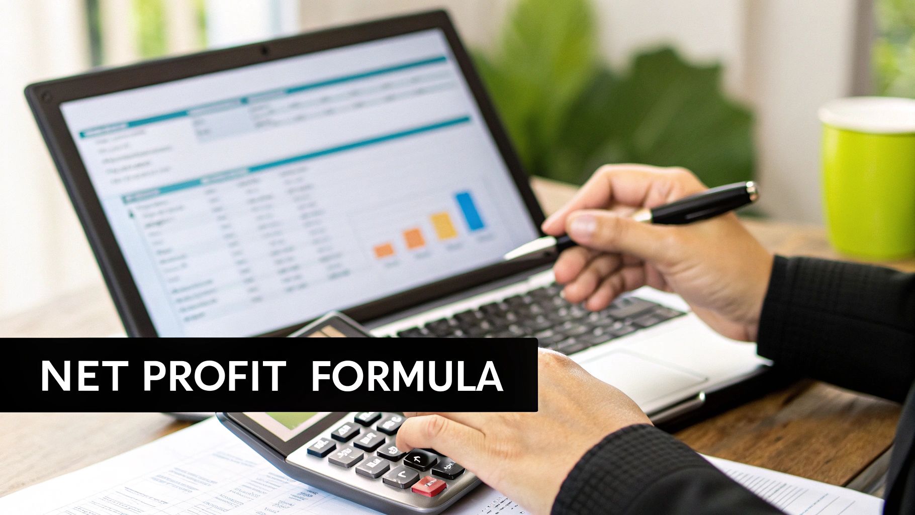 A person calculates net profit using a calculator, with financial charts on a laptop screen.
