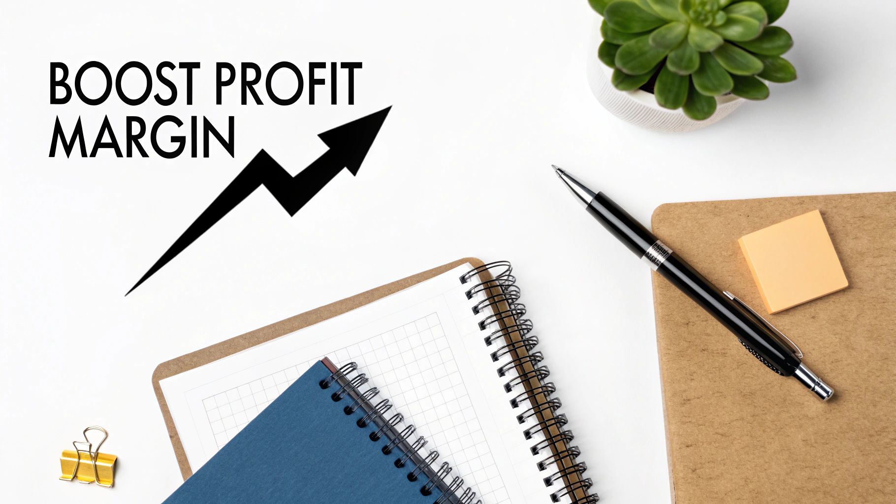 Overhead shot of a desk with 'BOOST PROFIT MARGIN' text, an upward arrow, and office supplies.