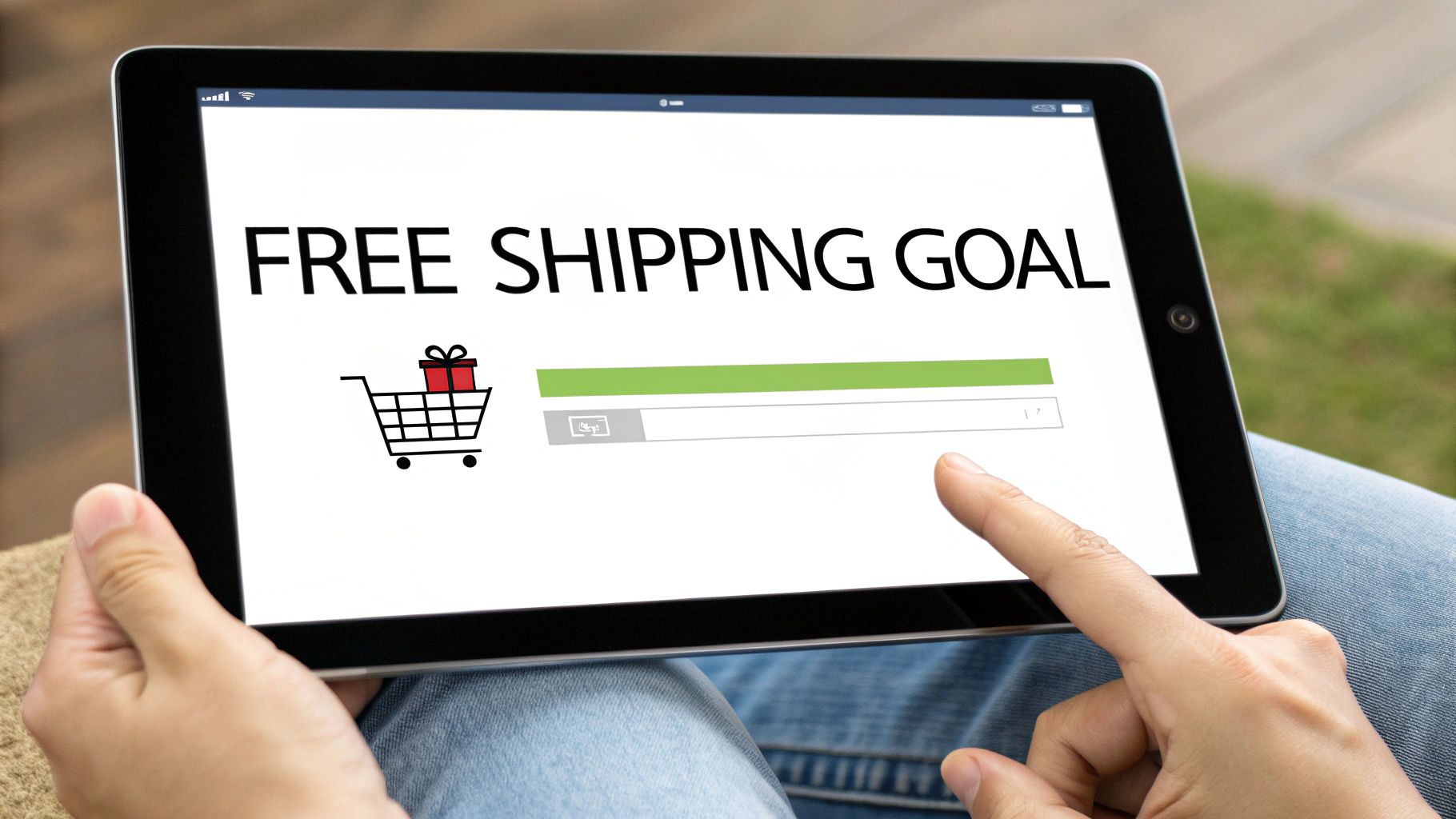 A person holds a tablet showing 'FREE SHIPPING GOAL' with a shopping cart and a progress bar.