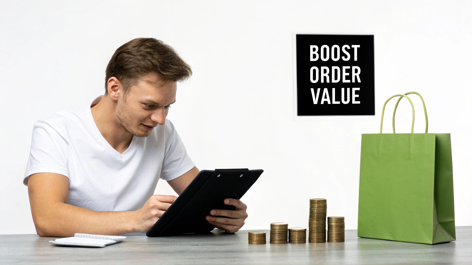 Man reviews tablet data, money stacks, a shopping bag, and 'Boost Order Value' sign.