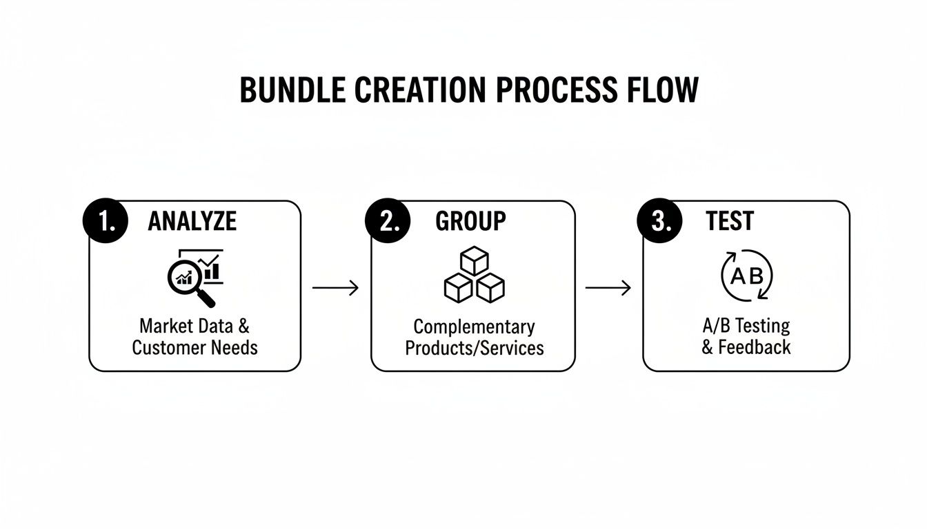 A flowchart outlining the three-step bundle creation process: analyze, group, and test.