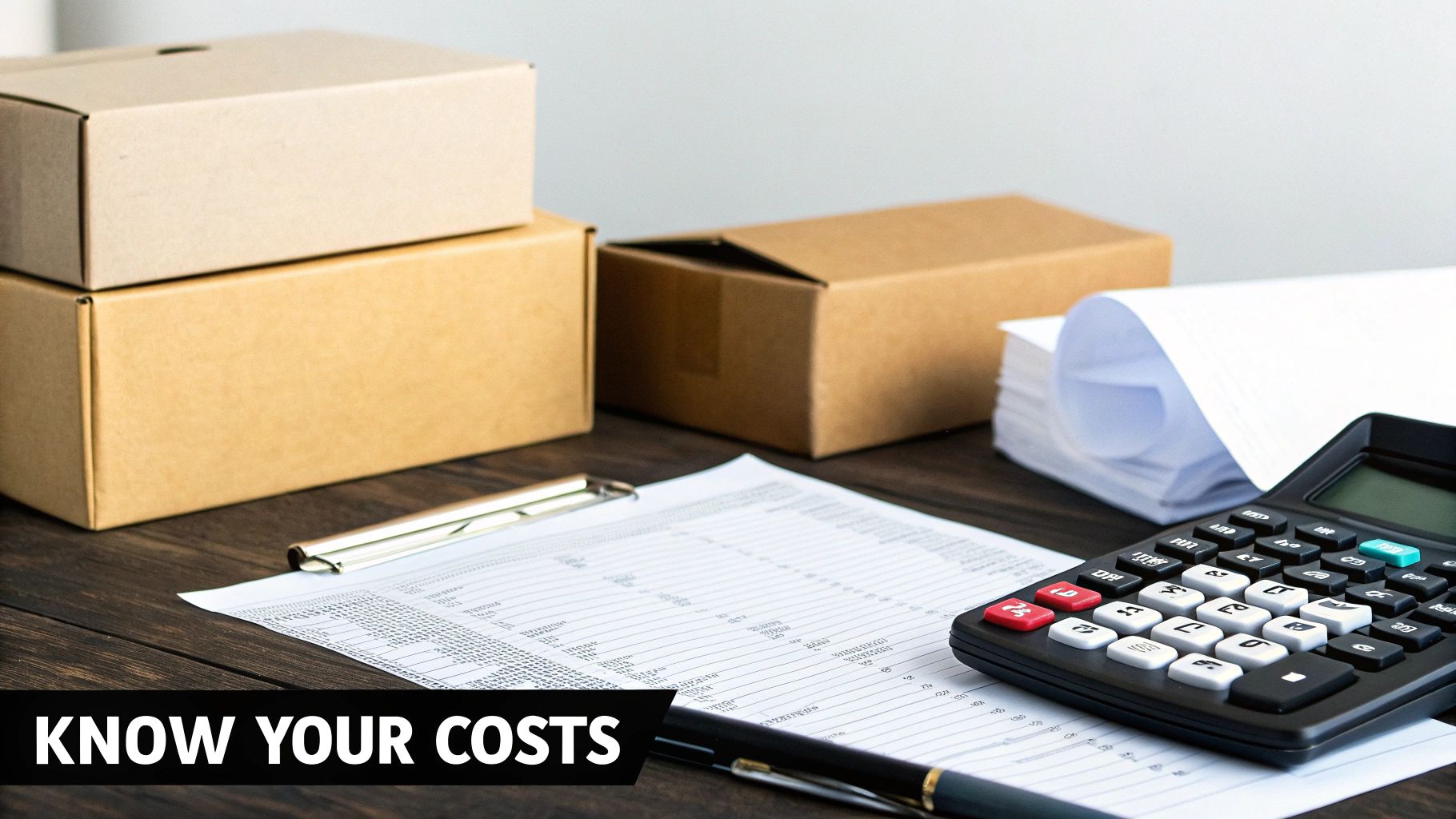 Shipping boxes, calculator, documents, and a pen on a wooden desk with "KNOW YOUR COSTS" overlay.
