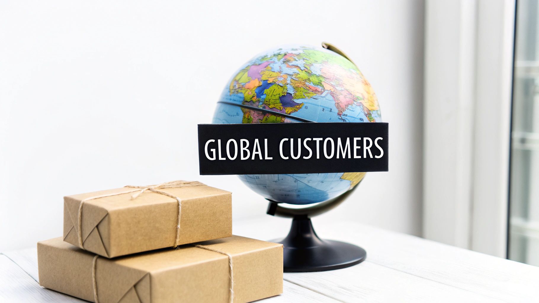 A globe with a black sign saying "GLOBAL CUSTOMERS" and two brown wrapped packages on a white table.