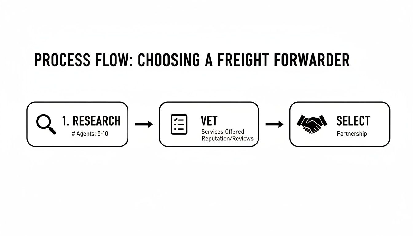 A three-step process flow illustrating how to choose a freight forwarder: Research, Vet, and Select.
