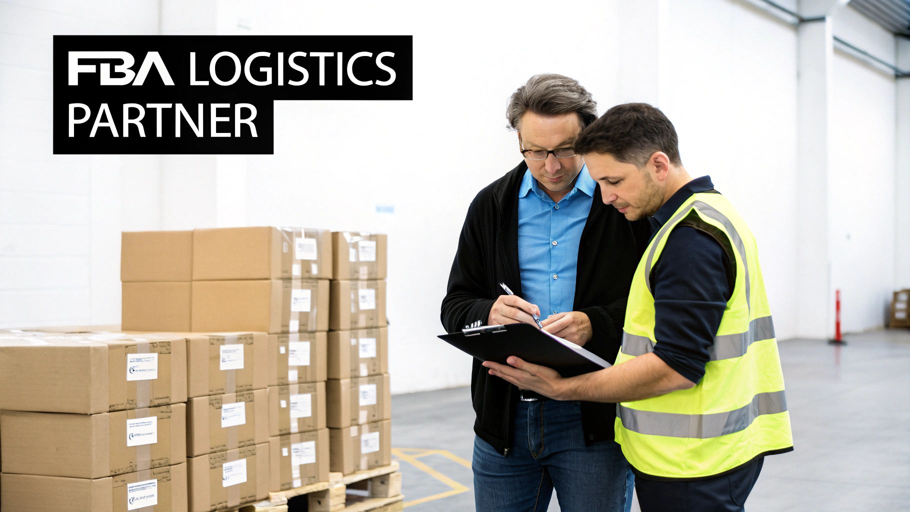 Two men reviewing documents in a warehouse with stacked boxes and FBA logistics text.