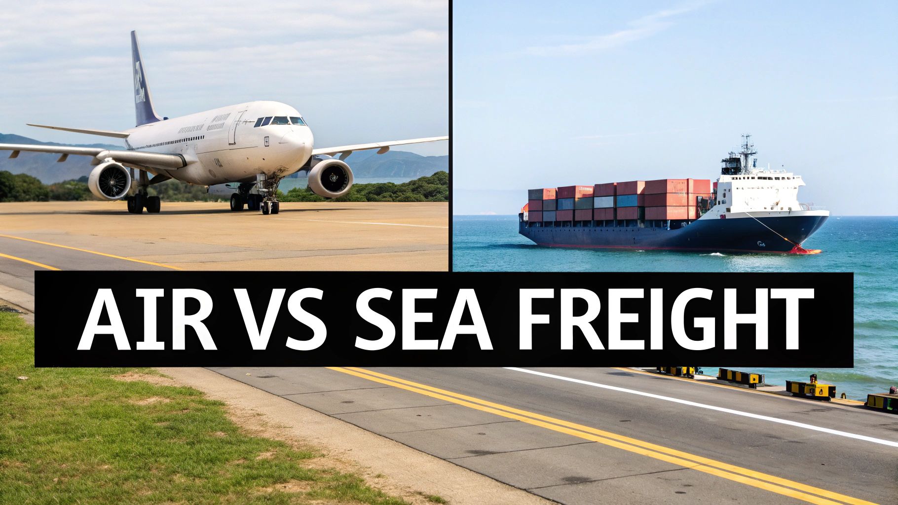 An airplane and a cargo ship side-by-side, illustrating the comparison between air and sea freight.