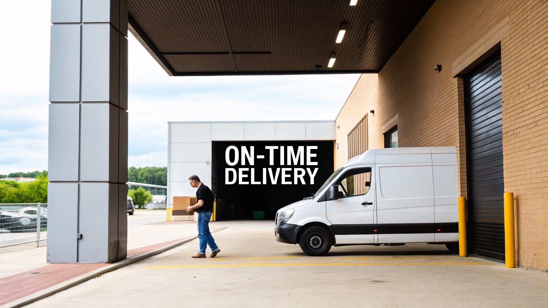 A delivery man carries packages towards a white van at a loading dock with 'ON-TIME DELIVERY' displayed.