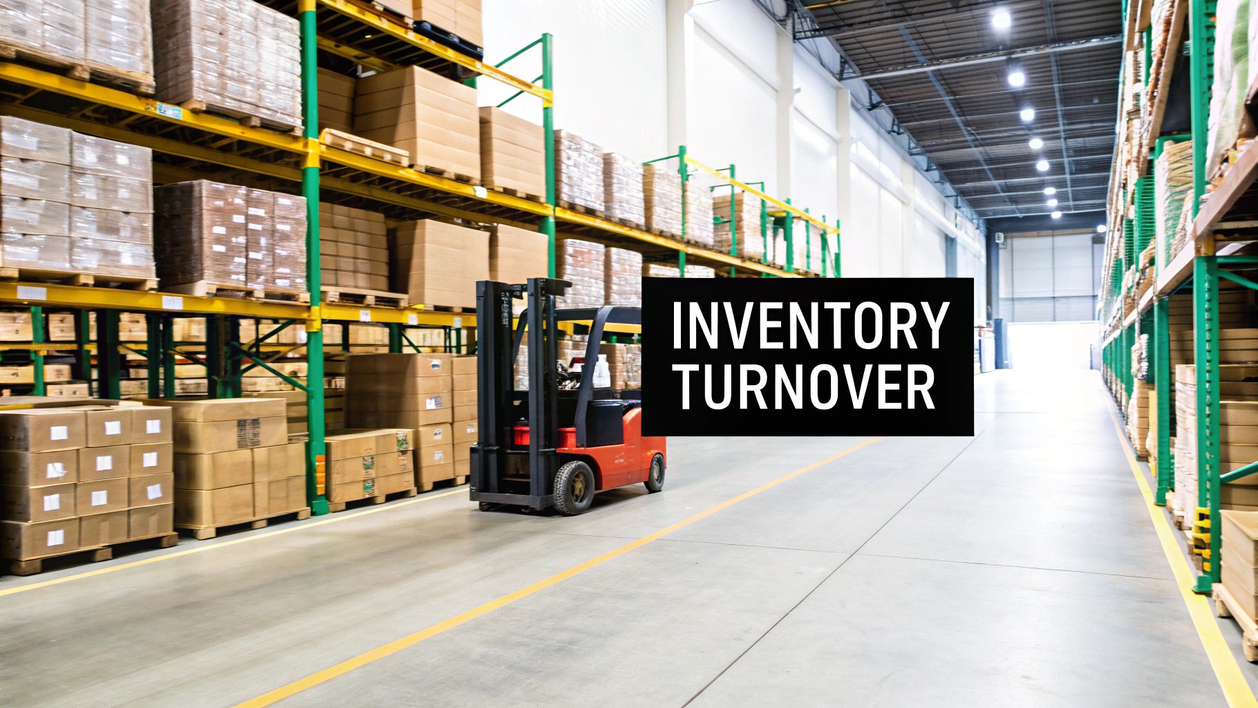 A large warehouse with towering shelves of stacked boxes and a red forklift, depicting inventory turnover.