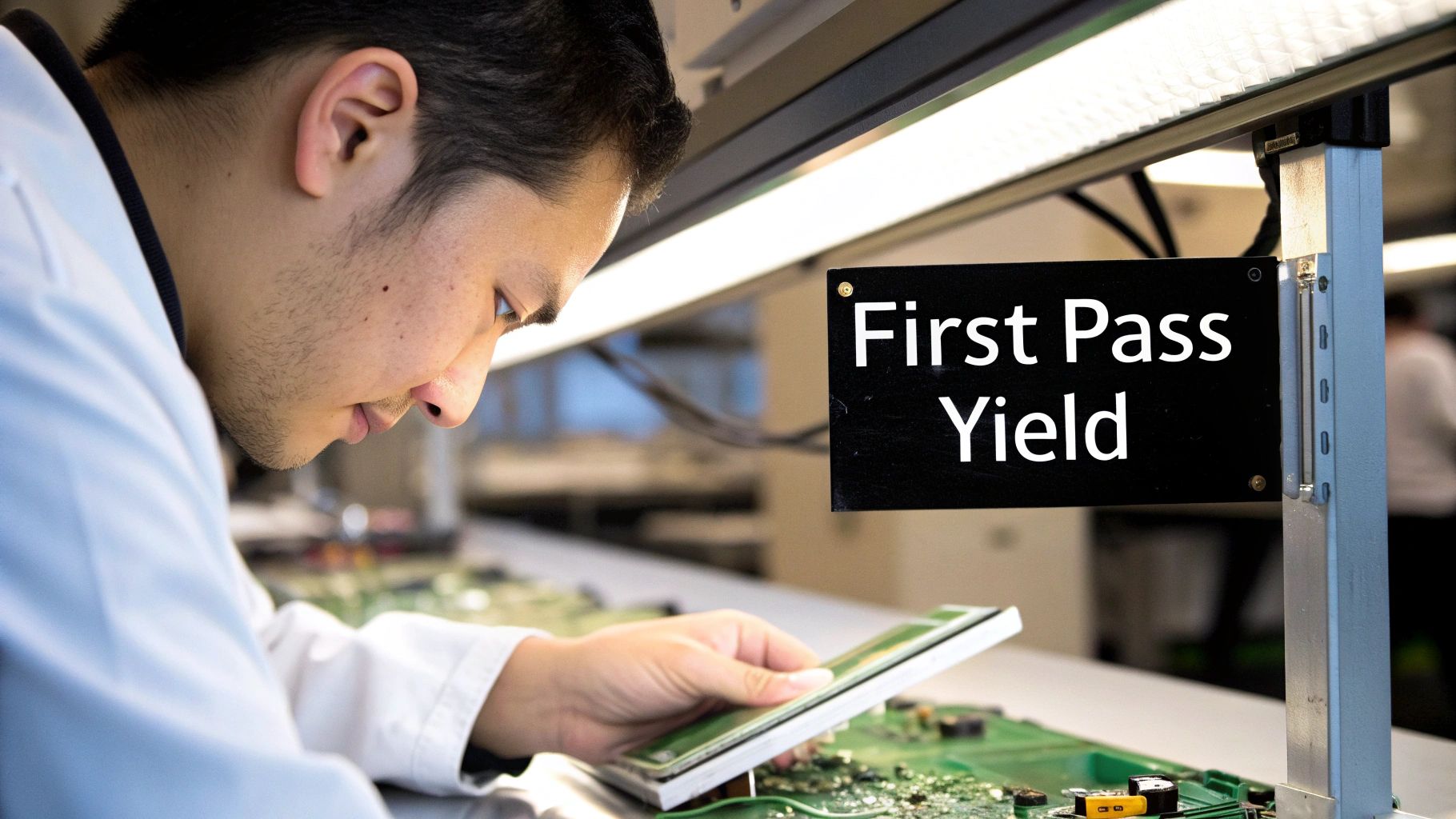 A technician in a lab coat inspects circuit boards under a bright light, with a "First Pass Yield" sign visible.
