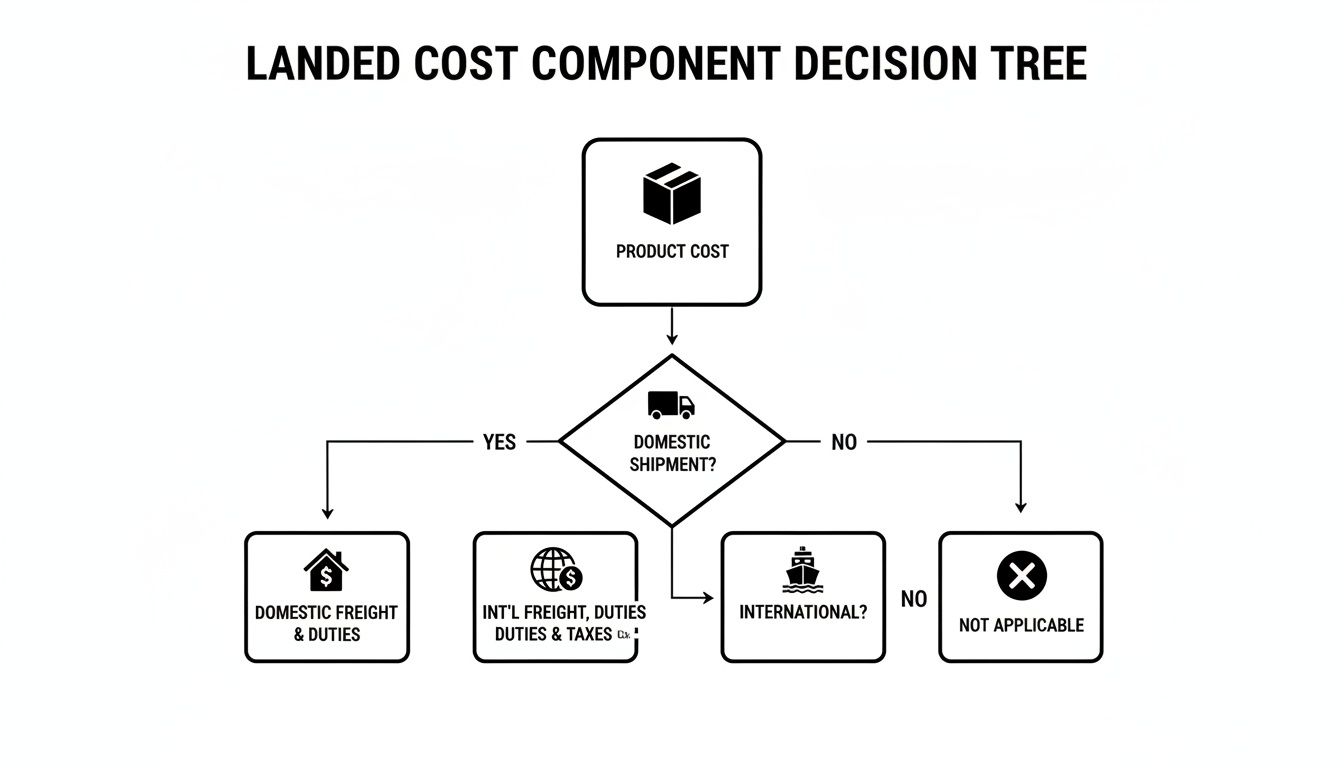 A landed cost component decision tree flowchart illustrating cost breakdown for domestic and international shipments.