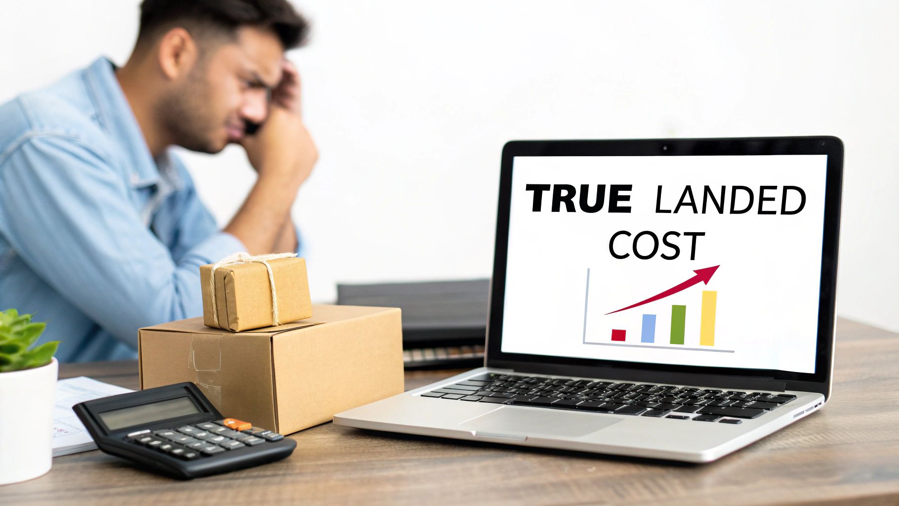 Stressed man looking at a laptop screen showing increasing 'True Landed Cost' with shipping boxes and calculator.