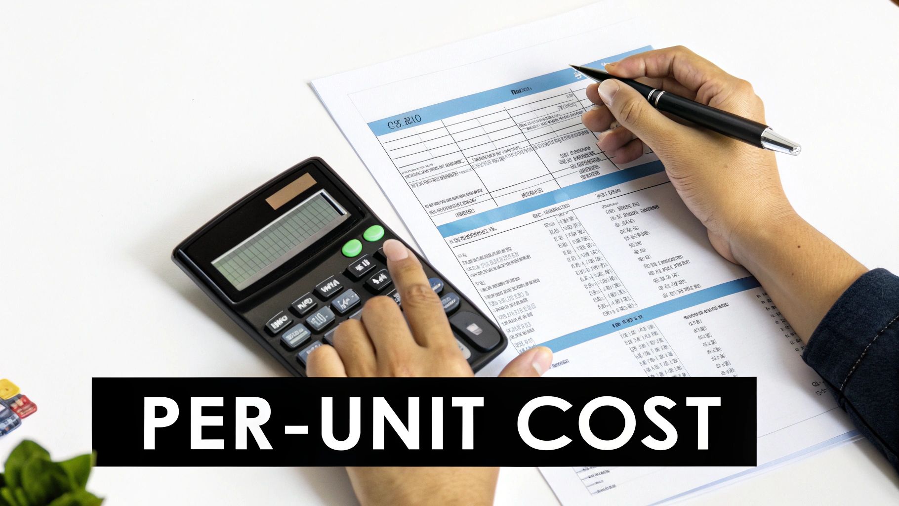 Hands calculating per-unit cost on a calculator and reviewing financial documents with a pen.