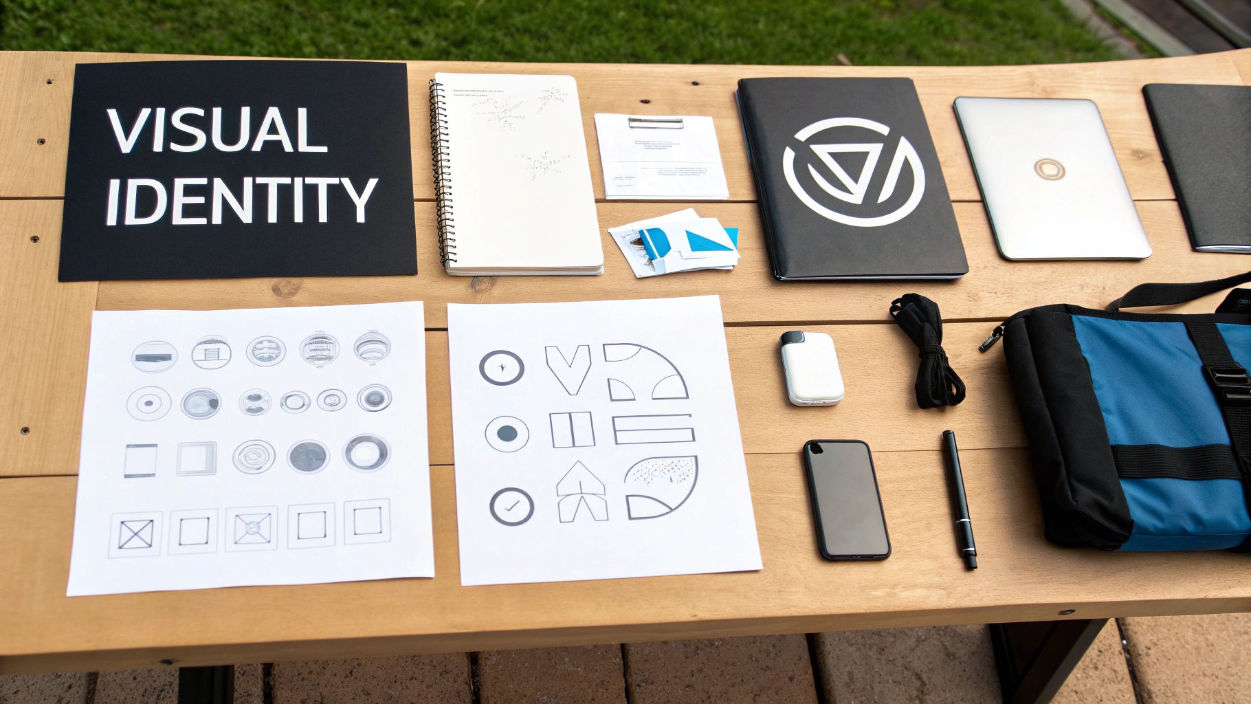 A flat lay showing 'Visual Identity' sign, design sketches, notebooks, and tech on a wooden table.