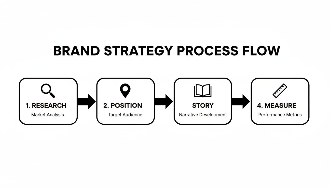 A simple flowchart showing the four key steps of a brand strategy process flow.