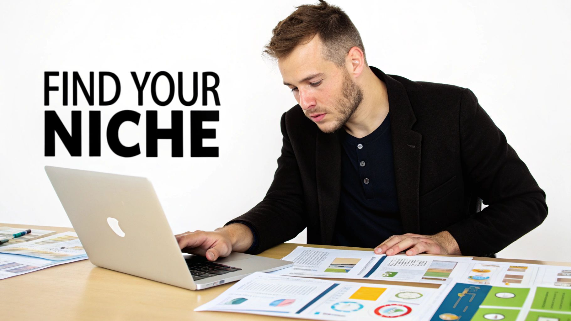 A focused man works on a laptop with documents, beside the text 'FIND YOUR NICHE'.