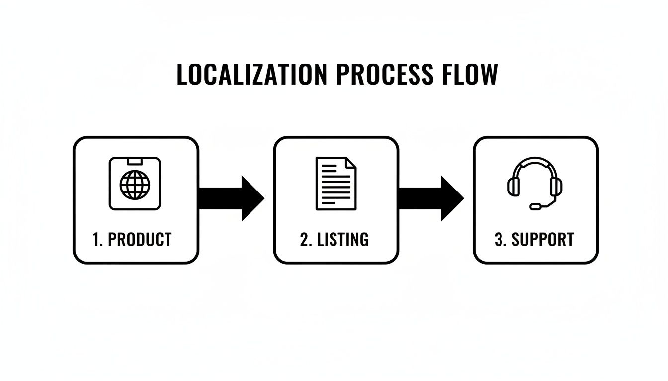 Localization process flow diagram illustrating three sequential steps: Product, Listing, and Support.