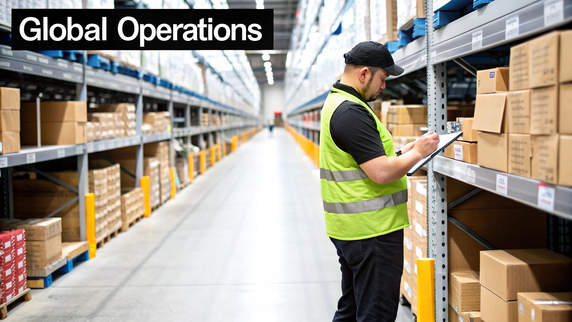 Warehouse worker in high-vis vest checking inventory on a clipboard amidst packed shelves.