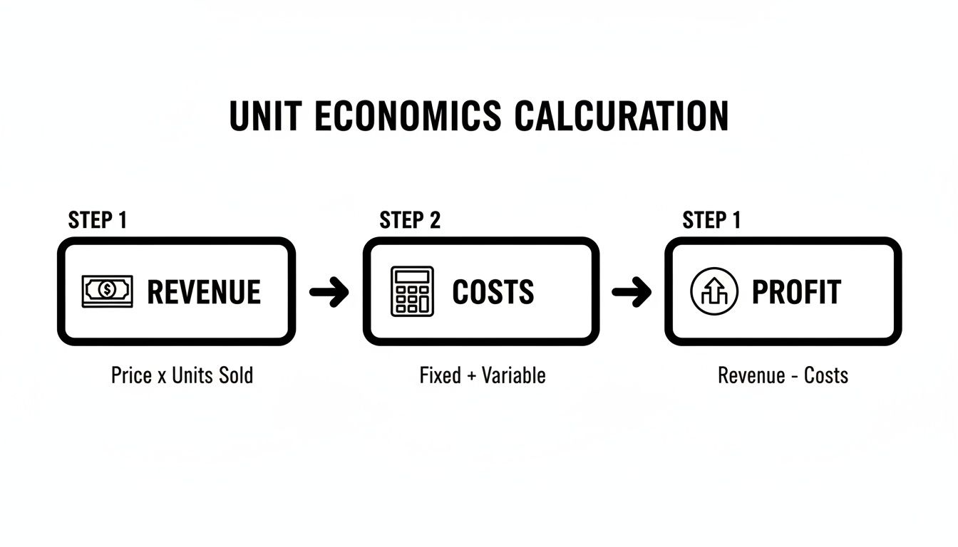 Diagram illustrating the unit economics calculation flow: revenue, costs, and profit with their formulas.