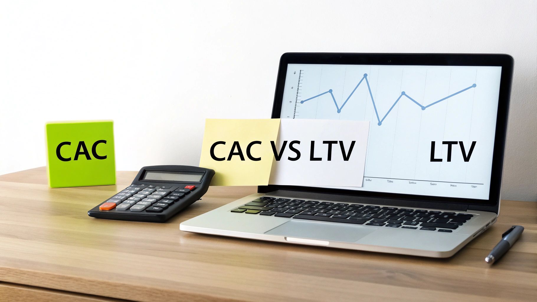 Desk with calculator, laptop displaying a graph, and notes comparing CAC and LTV metrics.