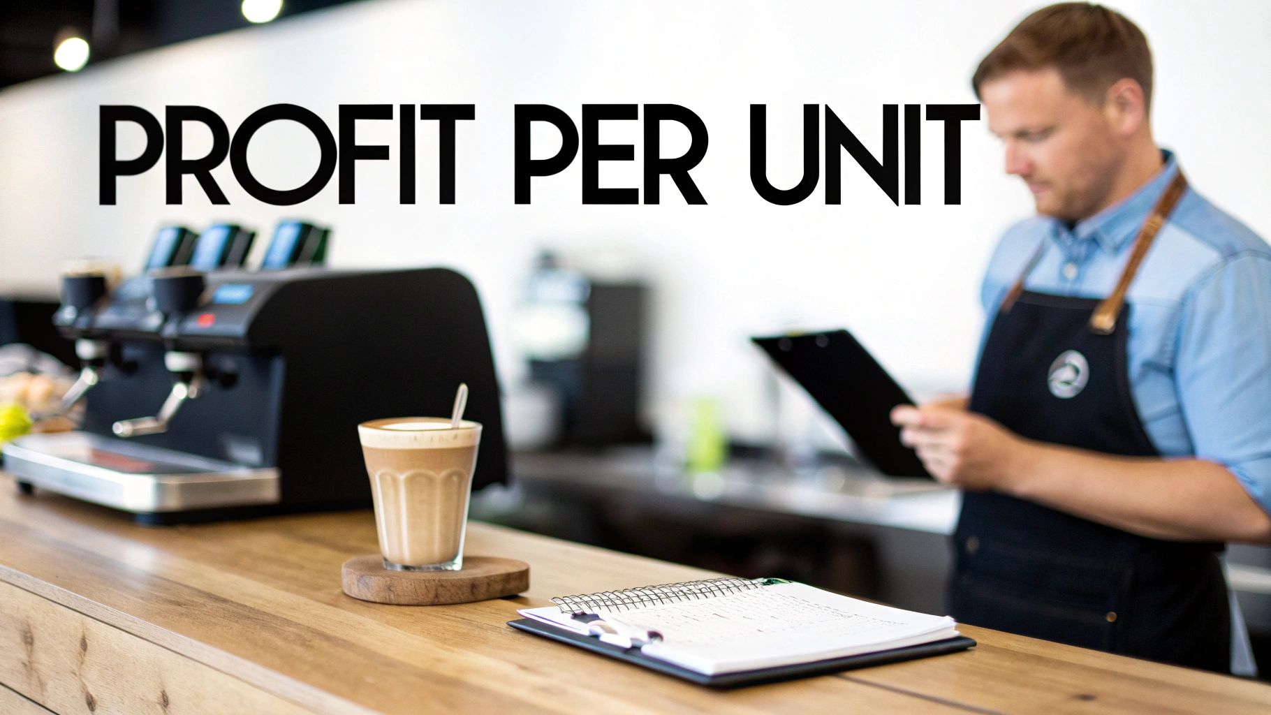 A barista reviews notes at a coffee shop counter with a latte and a 'PROFIT PER UNIT' sign.